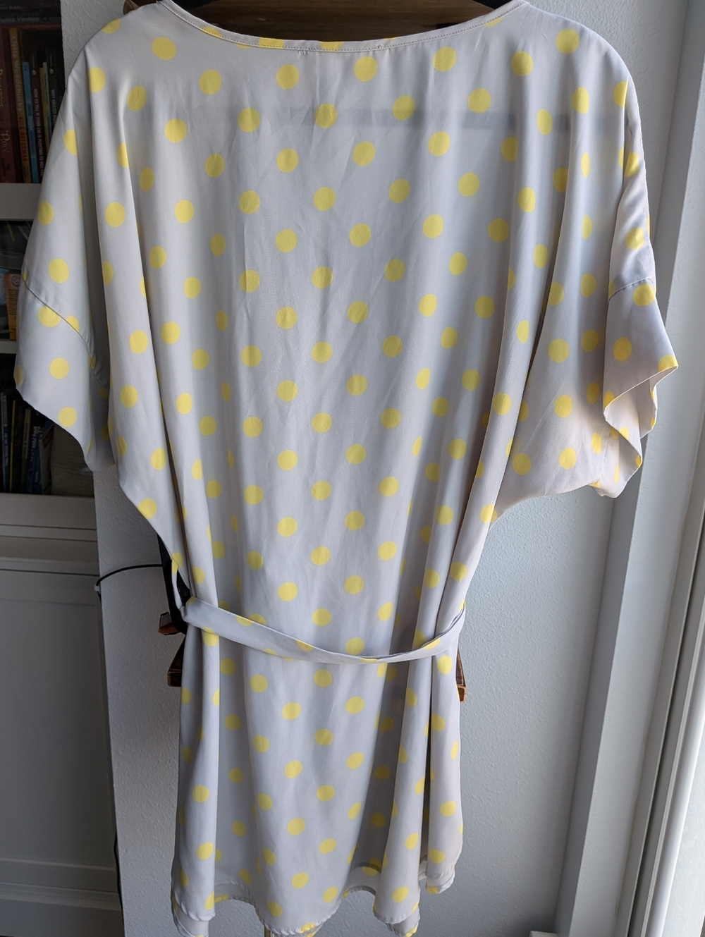 Poema Polka Dot Tunic Gray Yellow Scoop Neck Tie Waist Oversized - Picture 2 of 11
